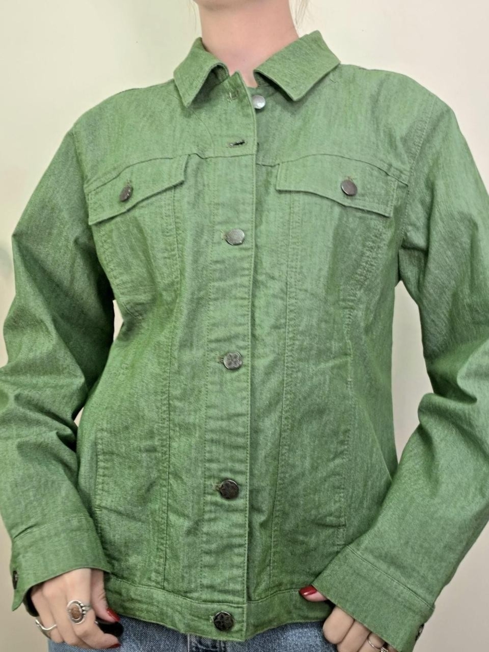Green button up denim jacket